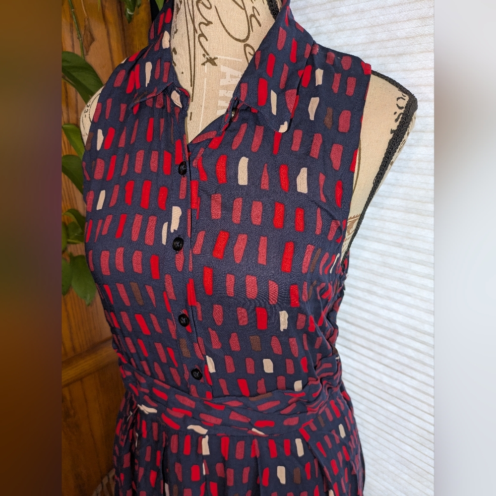 11 1 Tylho Anthropologie Brynn Navy Blue Printed Fit & Flare Shirt Dress Size M
